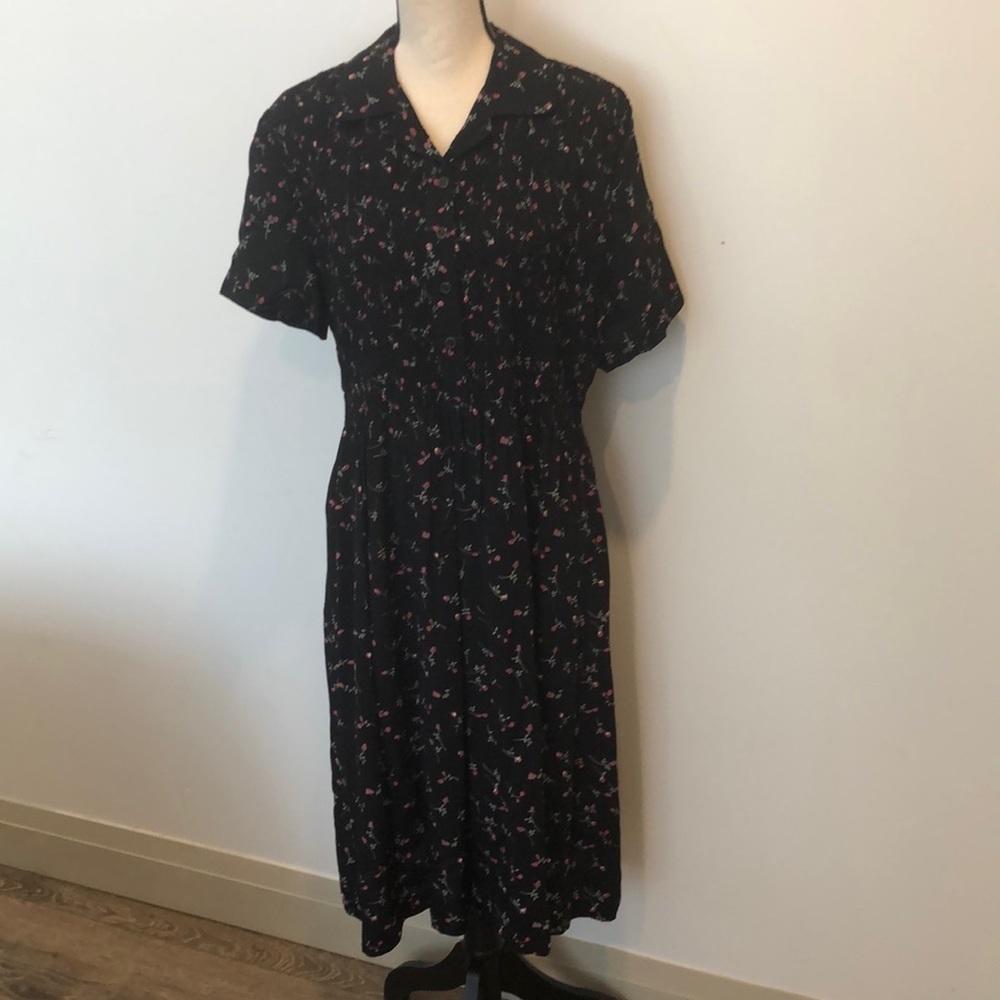 Maxi floral dress pink black button top  with collar no tag EUC SZ L